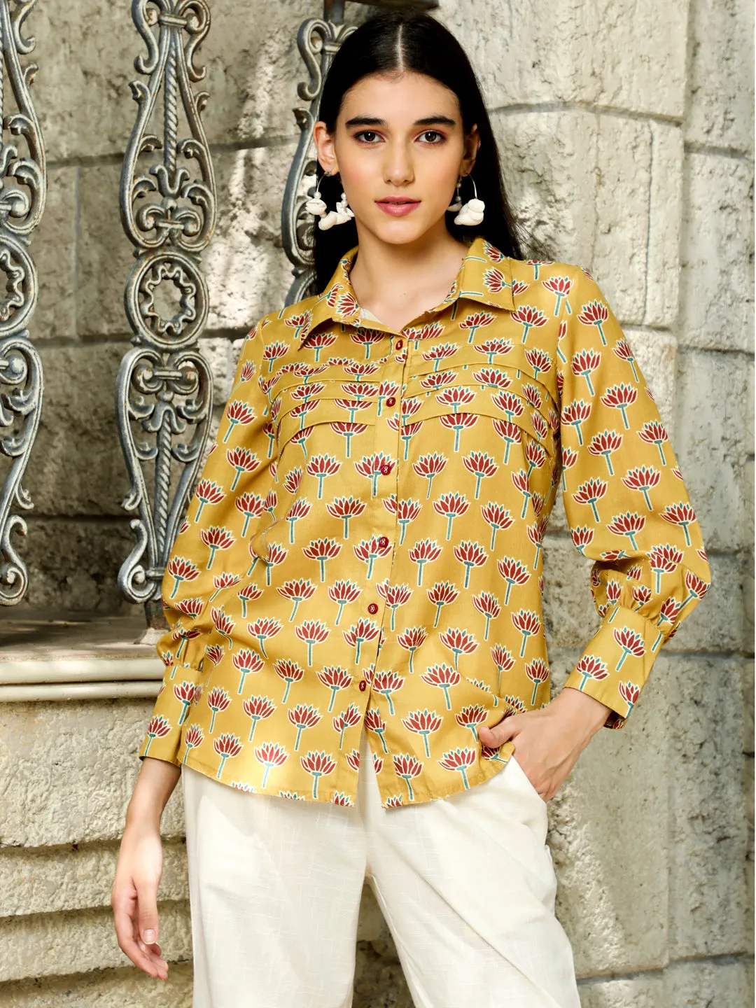 Mustard Lotus Print Full Sleeved Shirt