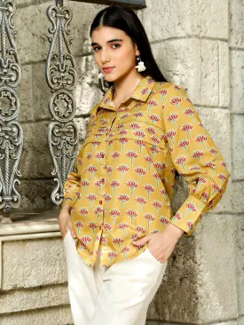 Mustard Lotus Print Full Sleeved Shirt