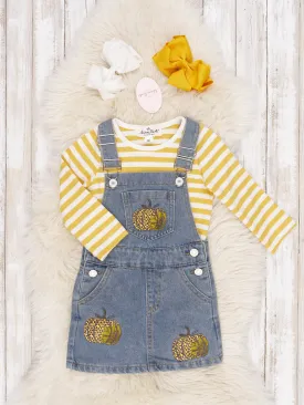 Mustard Striped Shirt & Denim Pumpkin Overall Dress