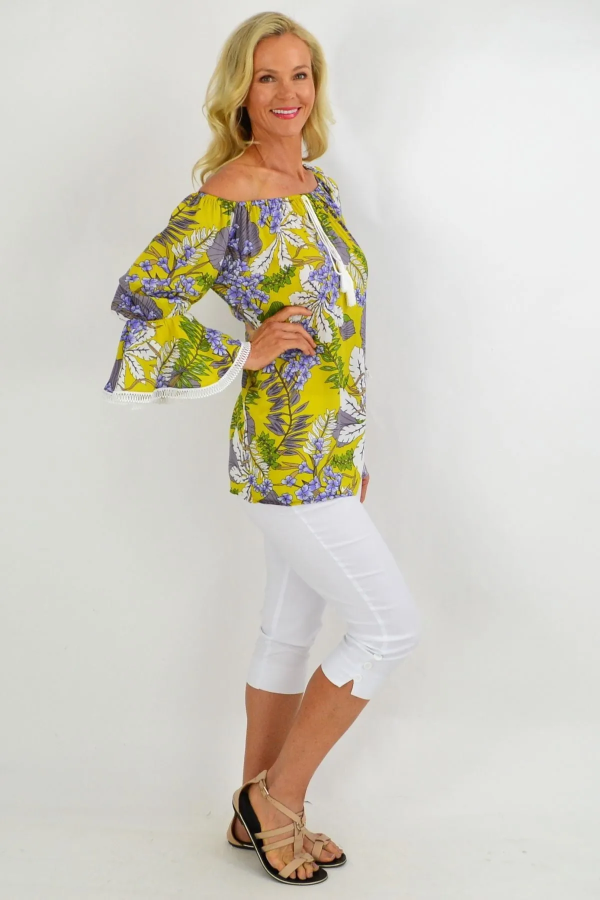 Mustard Tropical Tassel Off shoulder Tunic Top