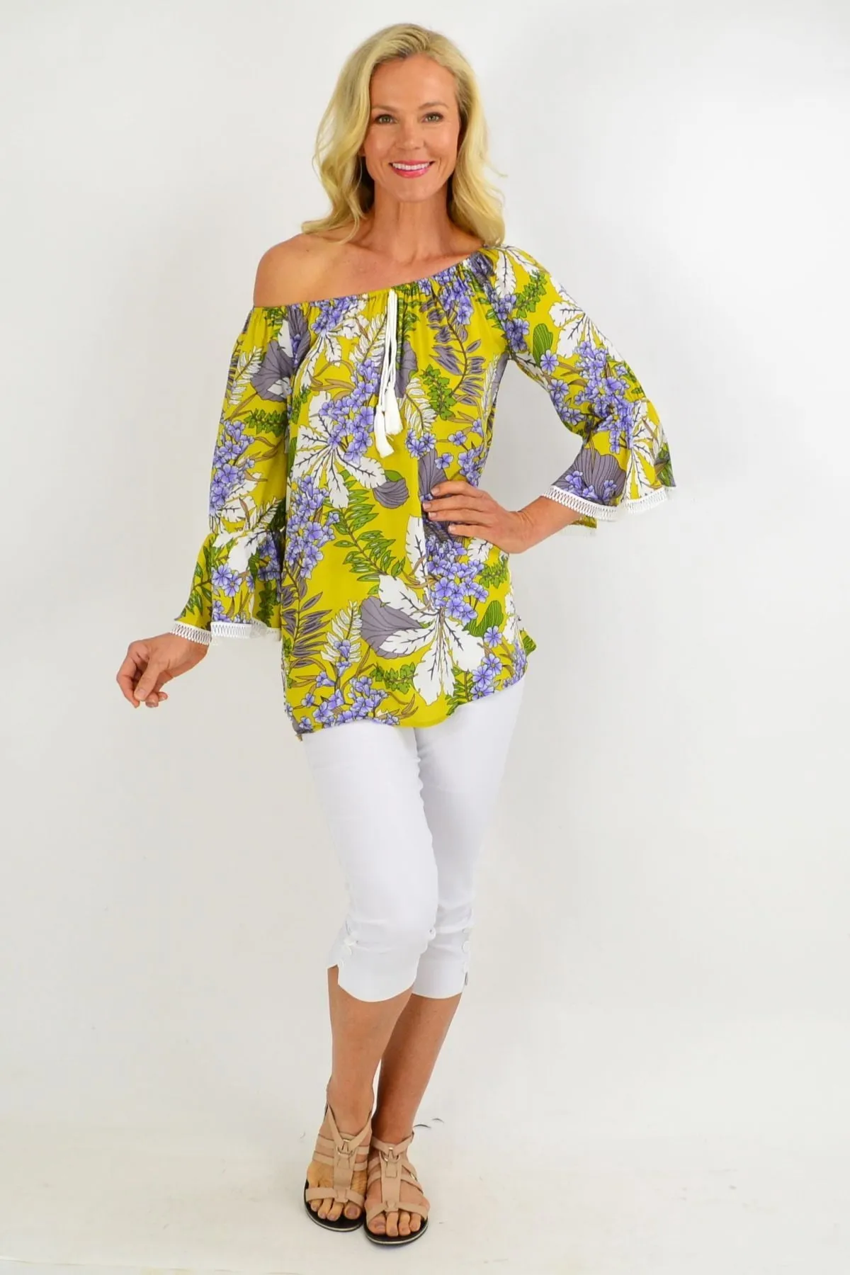 Mustard Tropical Tassel Off shoulder Tunic Top