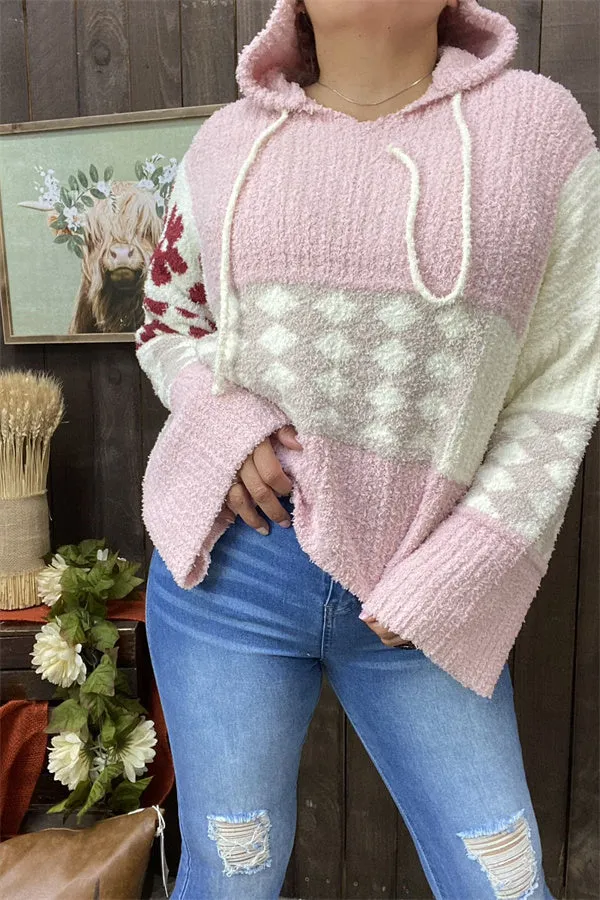 MY15306 Pink block rust red printed &nbsp;knitted fabric women sweater loose long sleeve &w/string hoodie