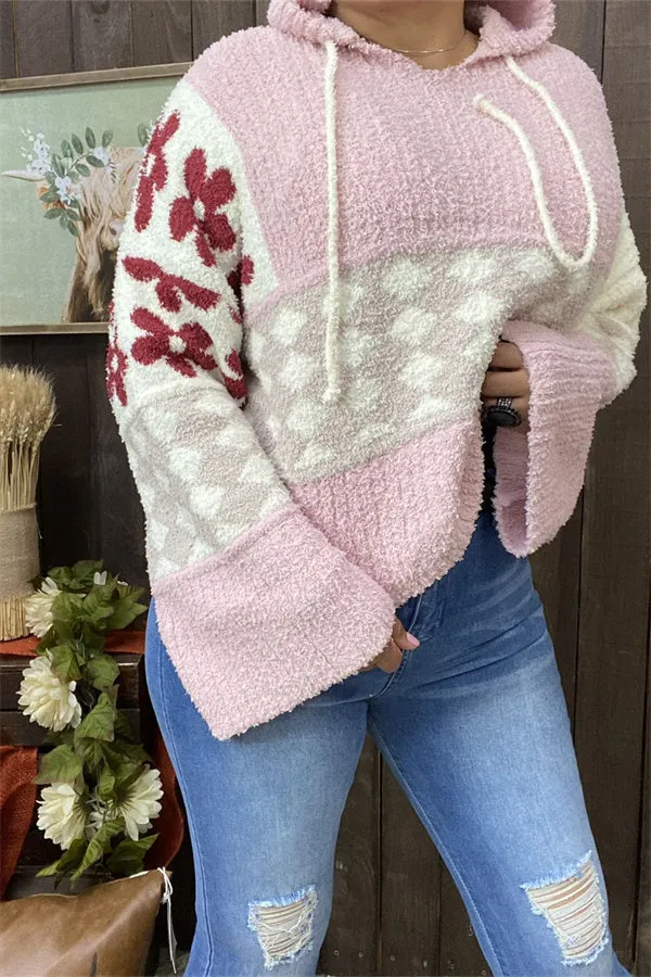 MY15306 Pink block rust red printed &nbsp;knitted fabric women sweater loose long sleeve &w/string hoodie