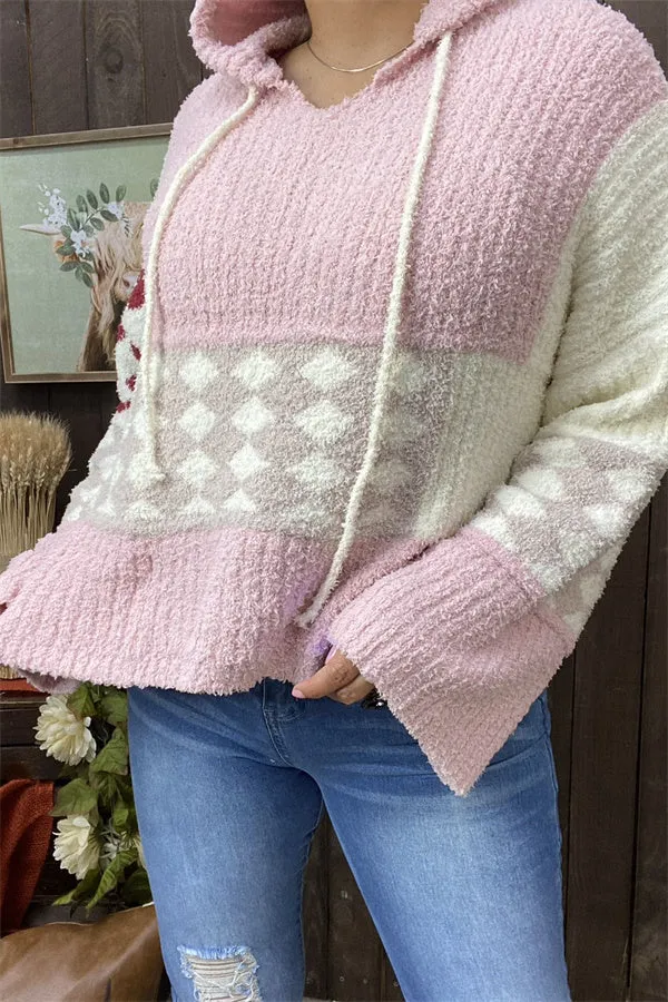 MY15306 Pink block rust red printed &nbsp;knitted fabric women sweater loose long sleeve &w/string hoodie