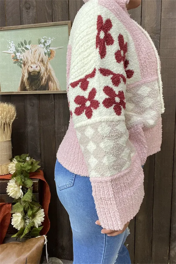 MY15306 Pink block rust red printed &nbsp;knitted fabric women sweater loose long sleeve &w/string hoodie