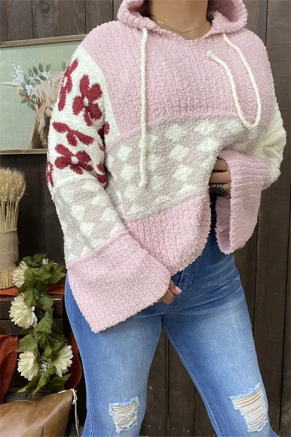 MY15306 Pink block rust red printed &nbsp;knitted fabric women sweater loose long sleeve &w/string hoodie