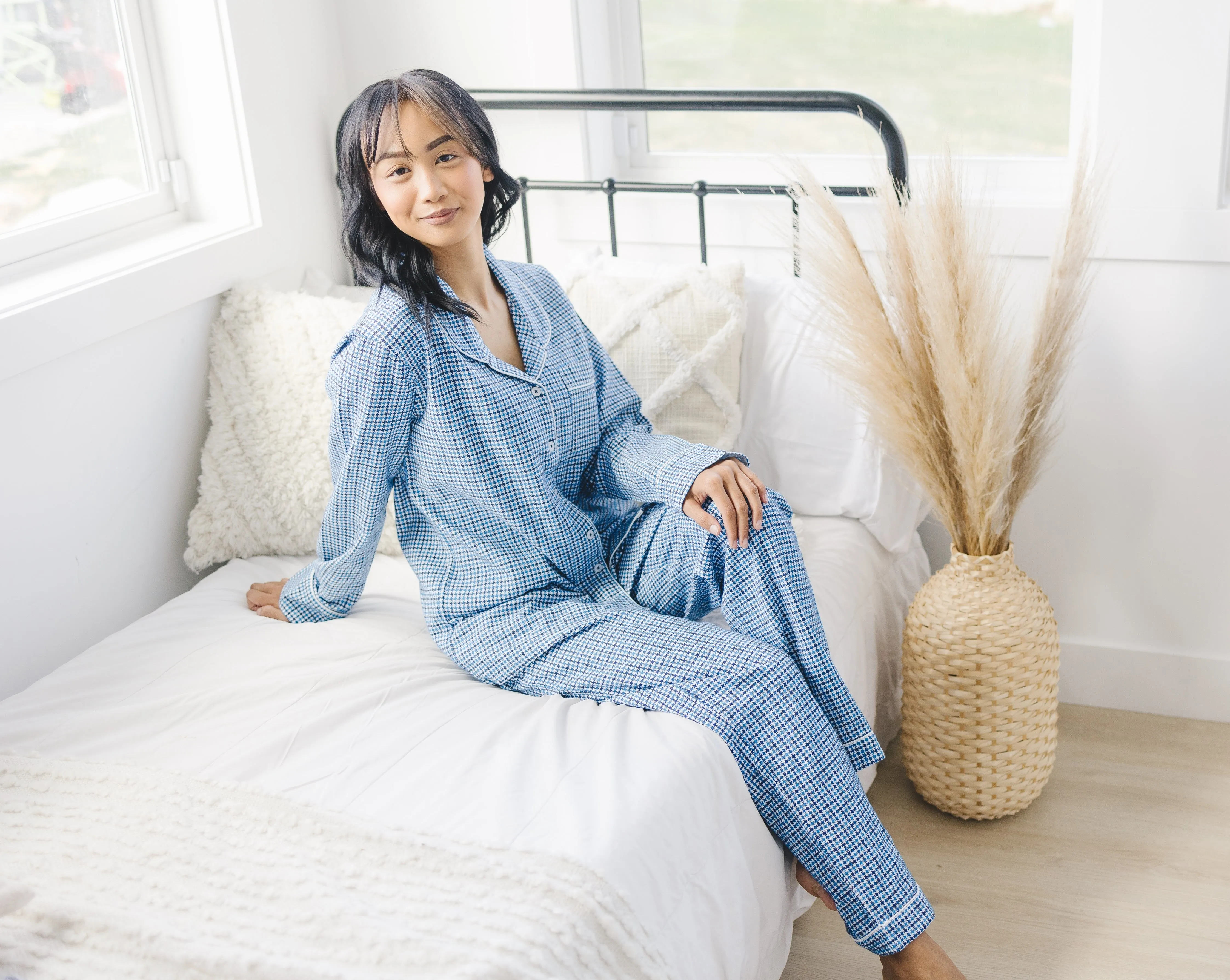 Myra Blue Houndstooth Women's Long Sleeve Shirt & Pajama Set