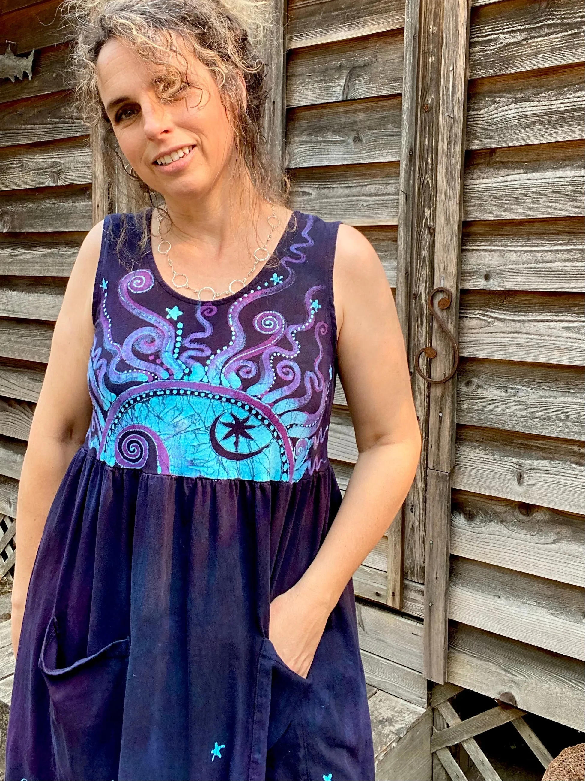 Mystic Moonlight with Turquoise Sunrise - Farmer's Market Pocket Dress - Size MEDIUM