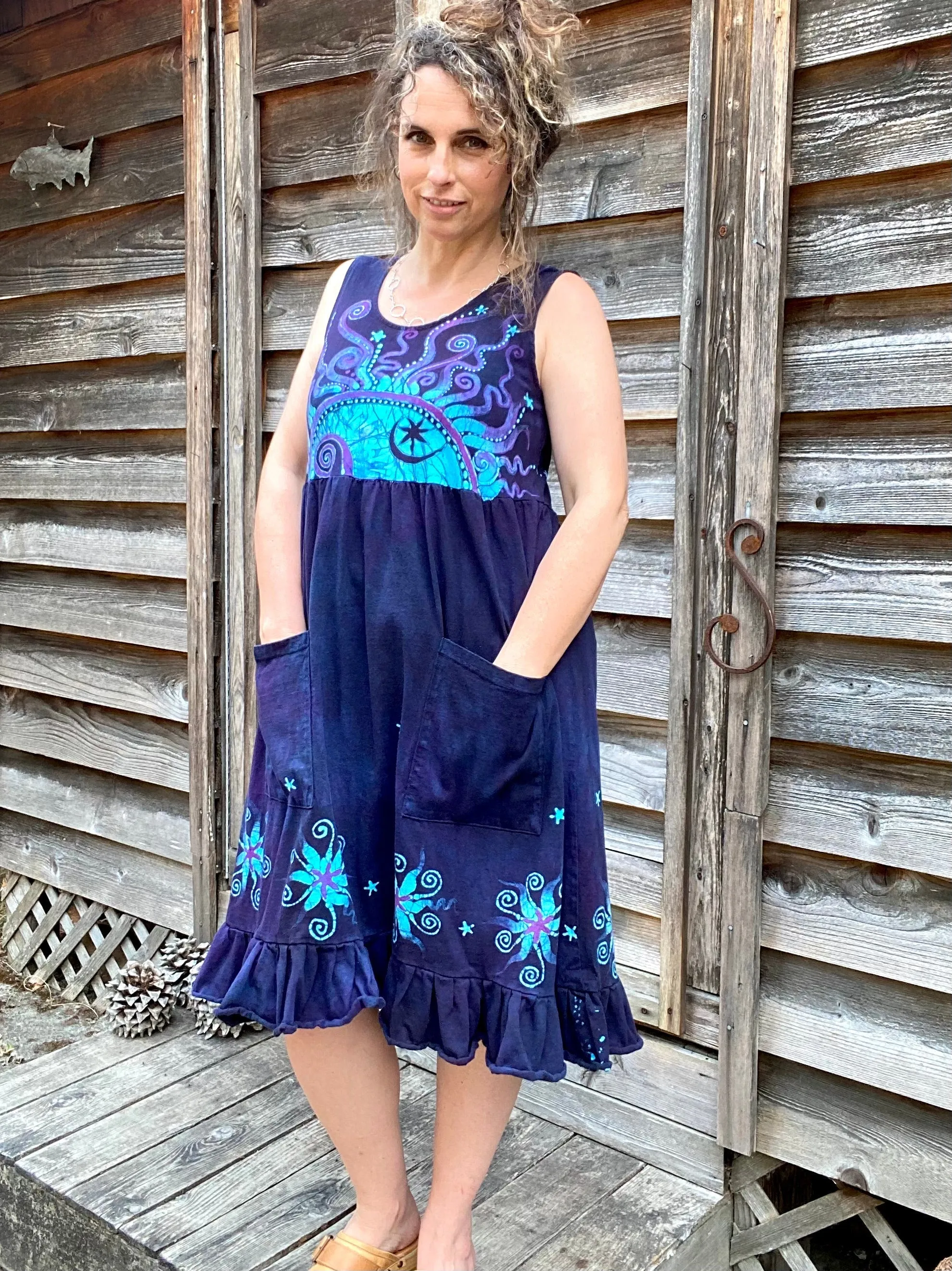 Mystic Moonlight with Turquoise Sunrise - Farmer's Market Pocket Dress - Size MEDIUM