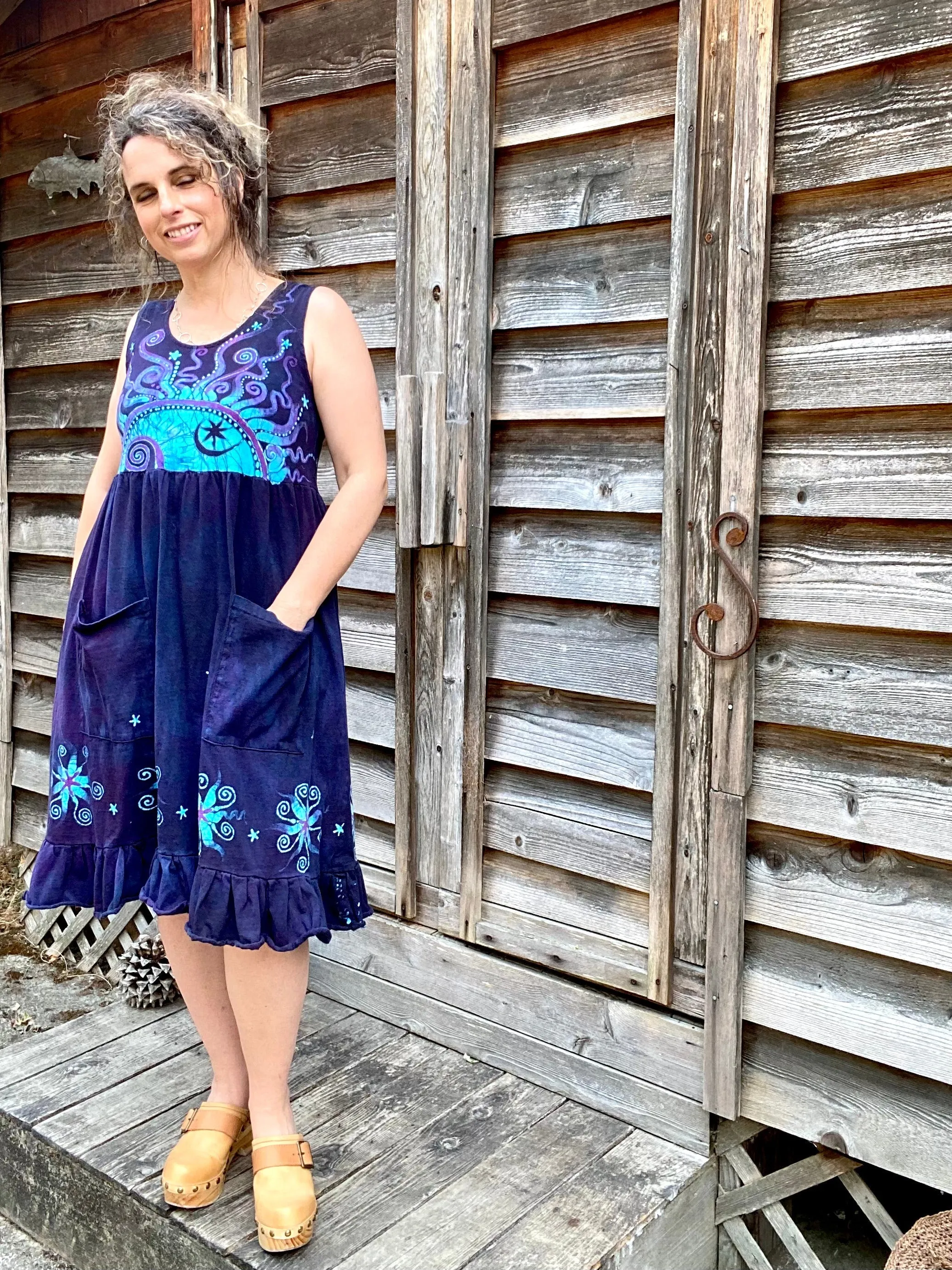 Mystic Moonlight with Turquoise Sunrise - Farmer's Market Pocket Dress - Size MEDIUM