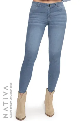 NATIVA, STRETCH JEANS. AURORA DREAM 00 OCEAN BLUE, High Shaping Capacity, Ultra Comfy, 24-Hour Wear, Mid-Waisted Super Skinny Jeans