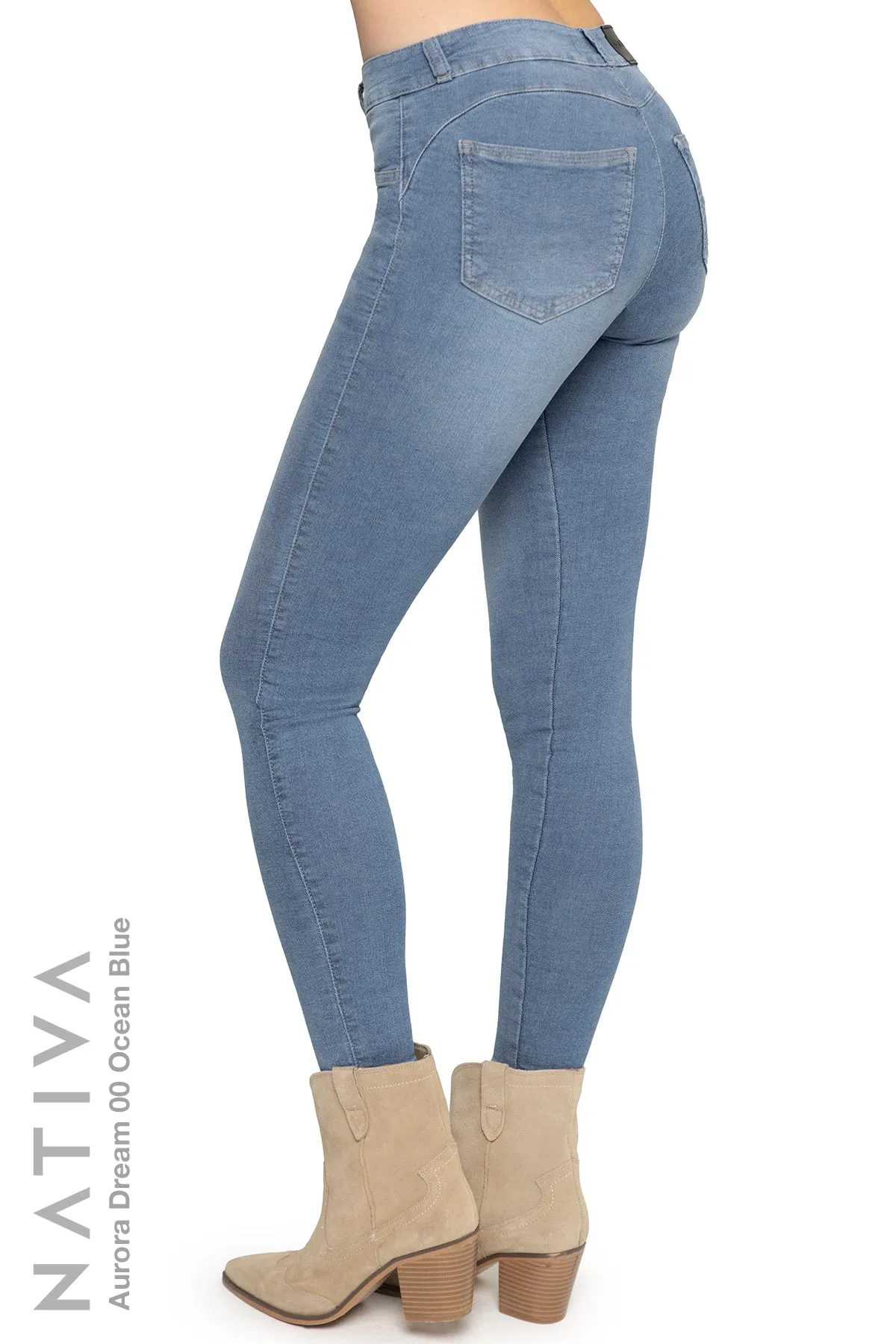 NATIVA, STRETCH JEANS. AURORA DREAM 00 OCEAN BLUE, High Shaping Capacity, Ultra Comfy, 24-Hour Wear, Mid-Waisted Super Skinny Jeans