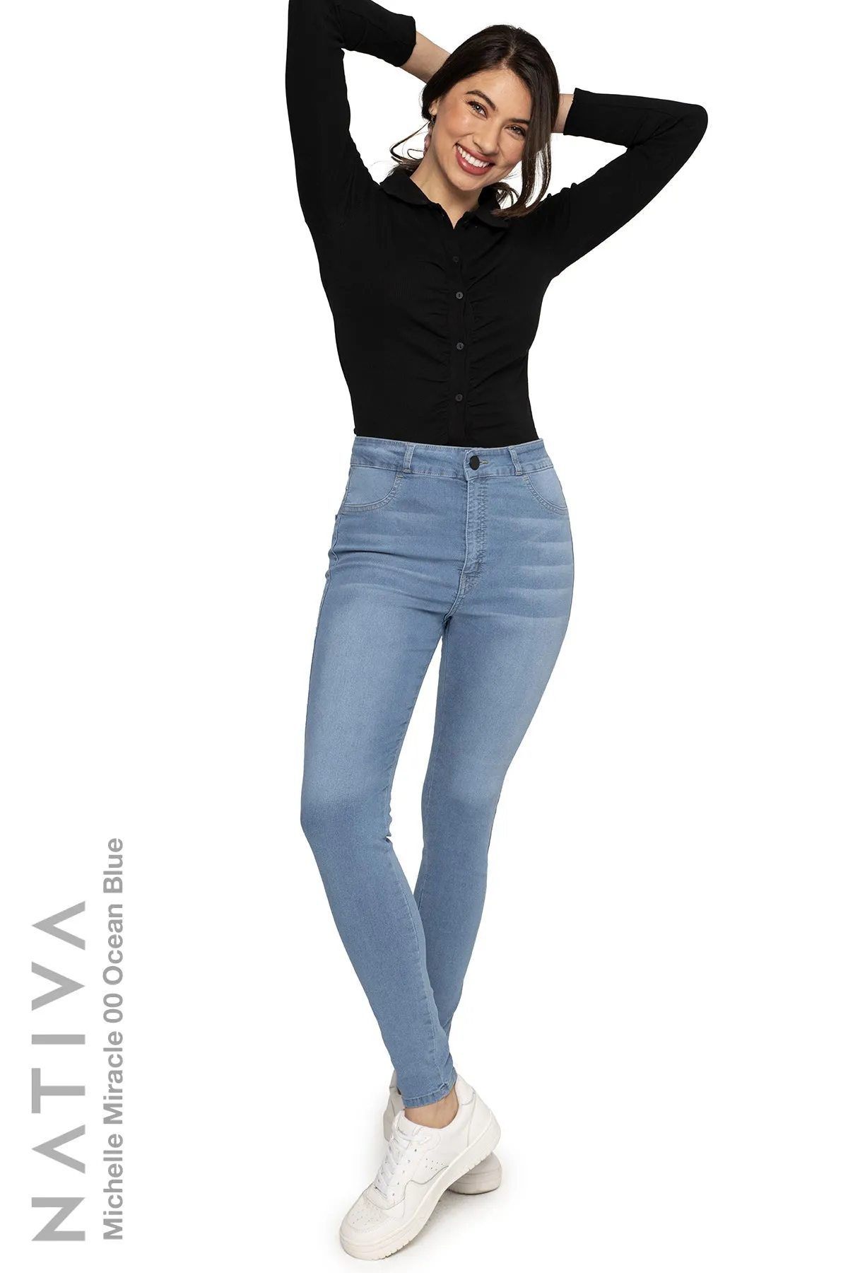 NATIVA, STRETCH JEANS. MICHELLE MIRACLE 00 OCEAN BLUE, High Shaping Capacity, Extreme Motion, Hi-Rise Super Skinny Jeans