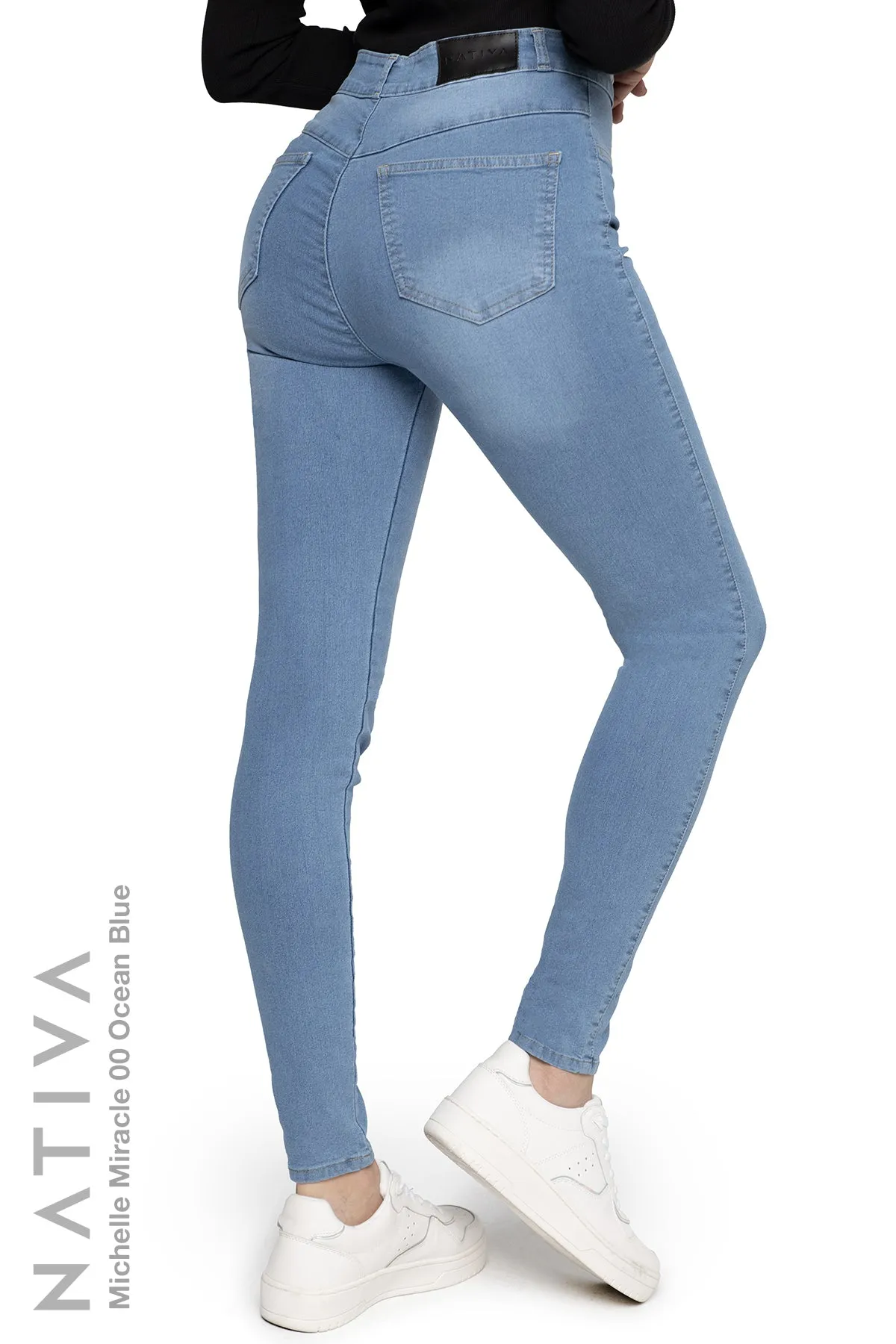 NATIVA, STRETCH JEANS. MICHELLE MIRACLE 00 OCEAN BLUE, High Shaping Capacity, Extreme Motion, Hi-Rise Super Skinny Jeans