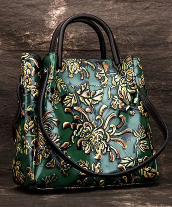 Natural Green Floral Paitings Calf Leather Satchel Handbag