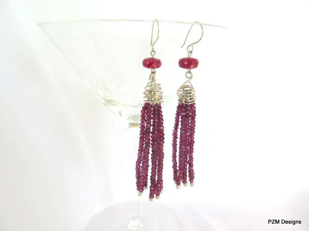 Natural Purple Garnet Tassel Earrings with Ruby Accents, Art Deco Tassel Earrings