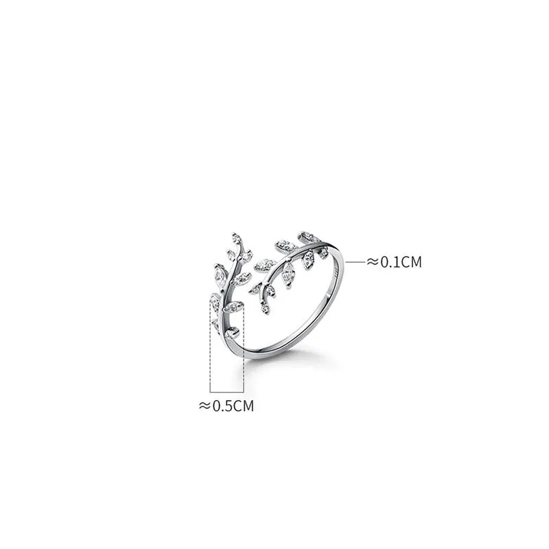 Nature-Inspired Zircon Leaf Branch Adjustable Rings