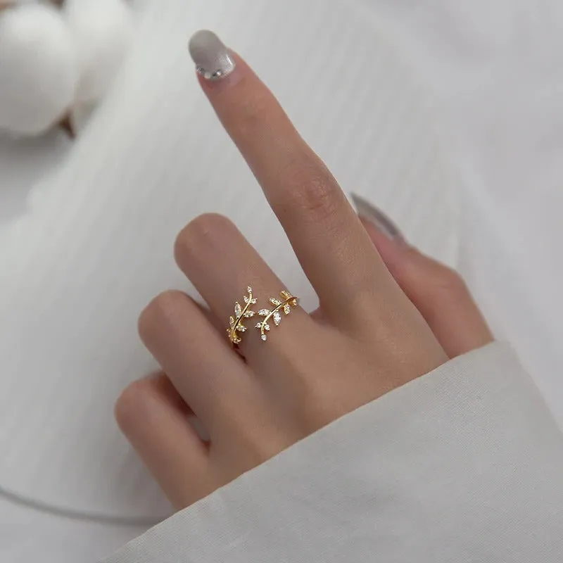 Nature-Inspired Zircon Leaf Branch Adjustable Rings