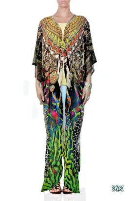 NATURE MORTE Green Animal Print Devarshy Long Georgette Kimono Jacket - 002A