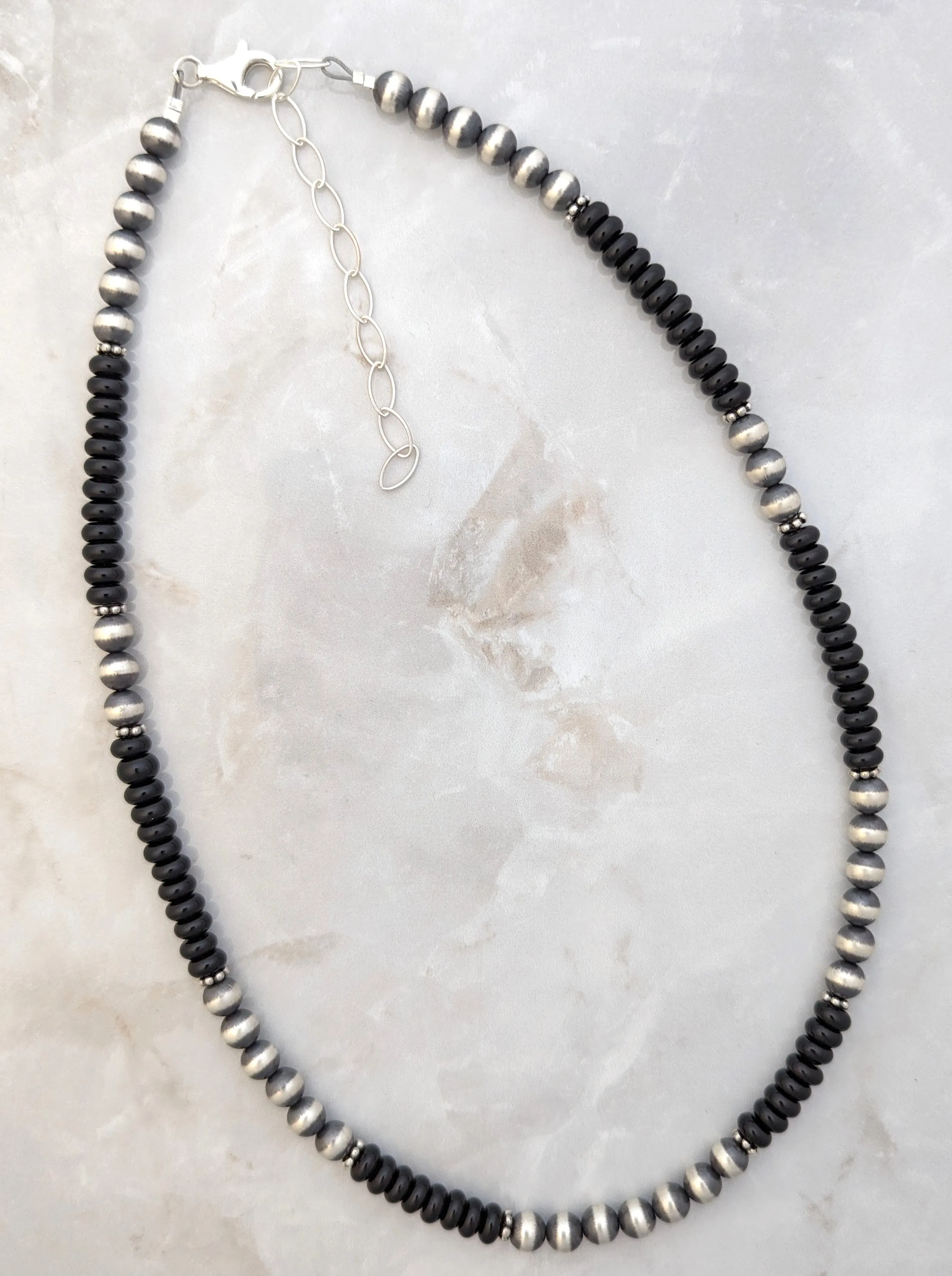 Navajo Pearls & Onyx 6mm Necklace Sterling Silver