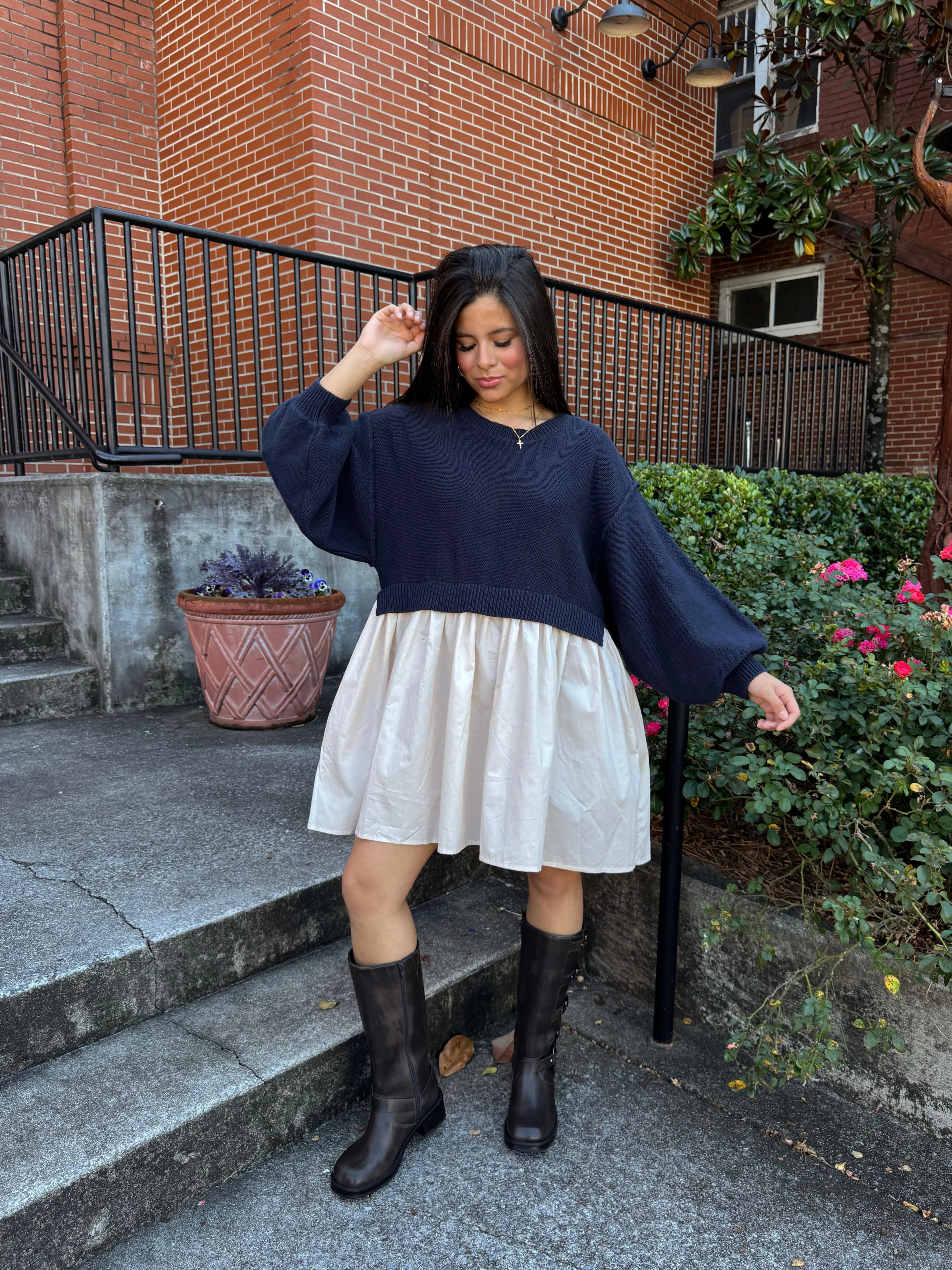 Navy & Beige Oversized Knit Sweater Dress