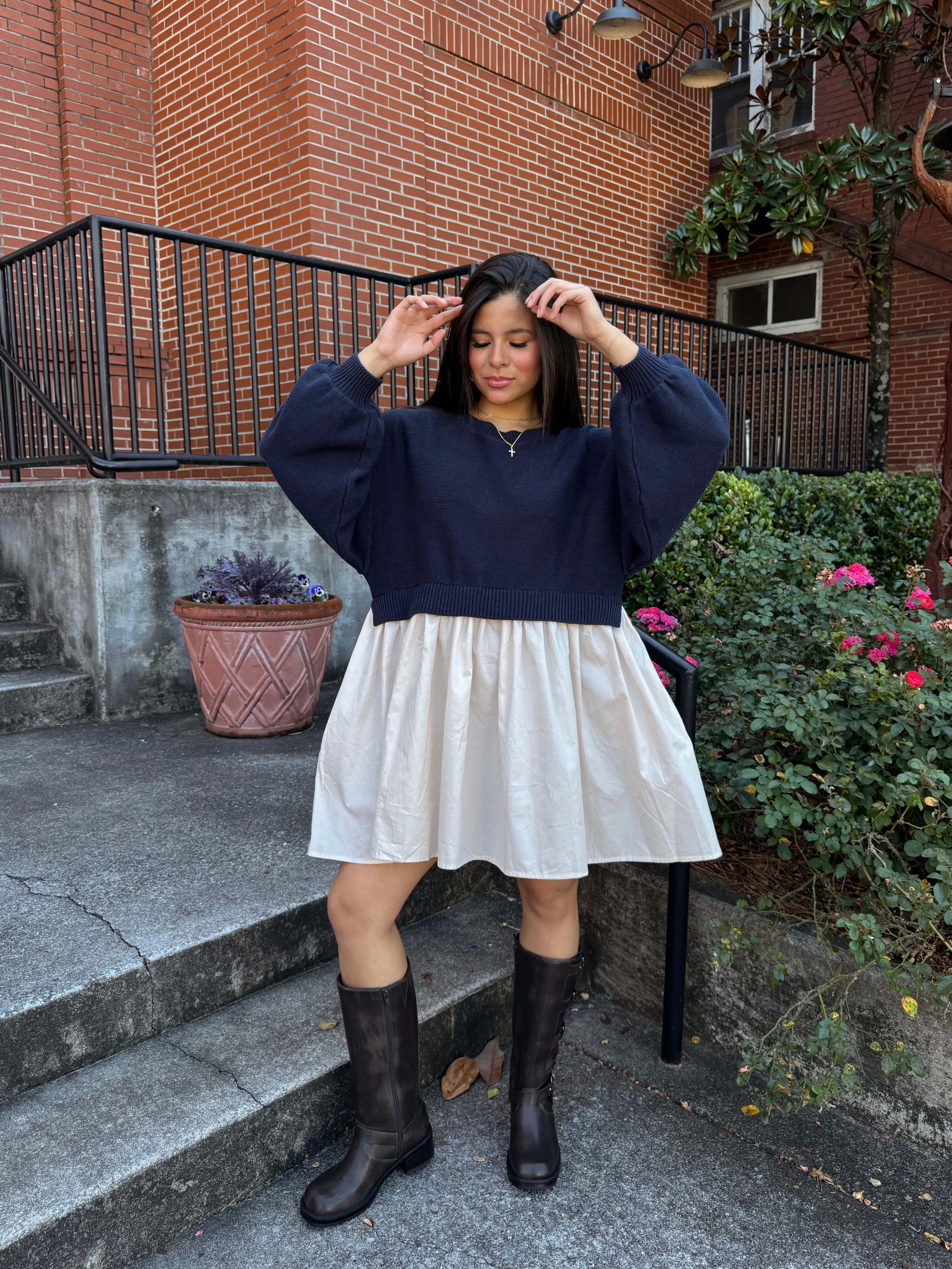 Navy & Beige Oversized Knit Sweater Dress