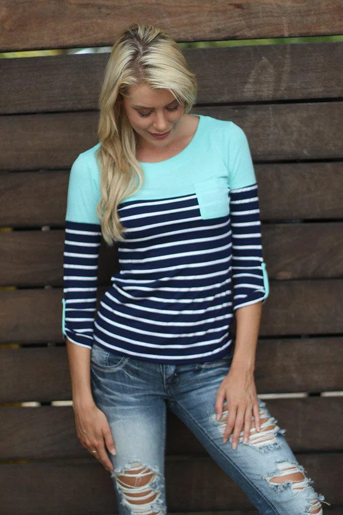 Navy and Mint Striped Top With Pocket