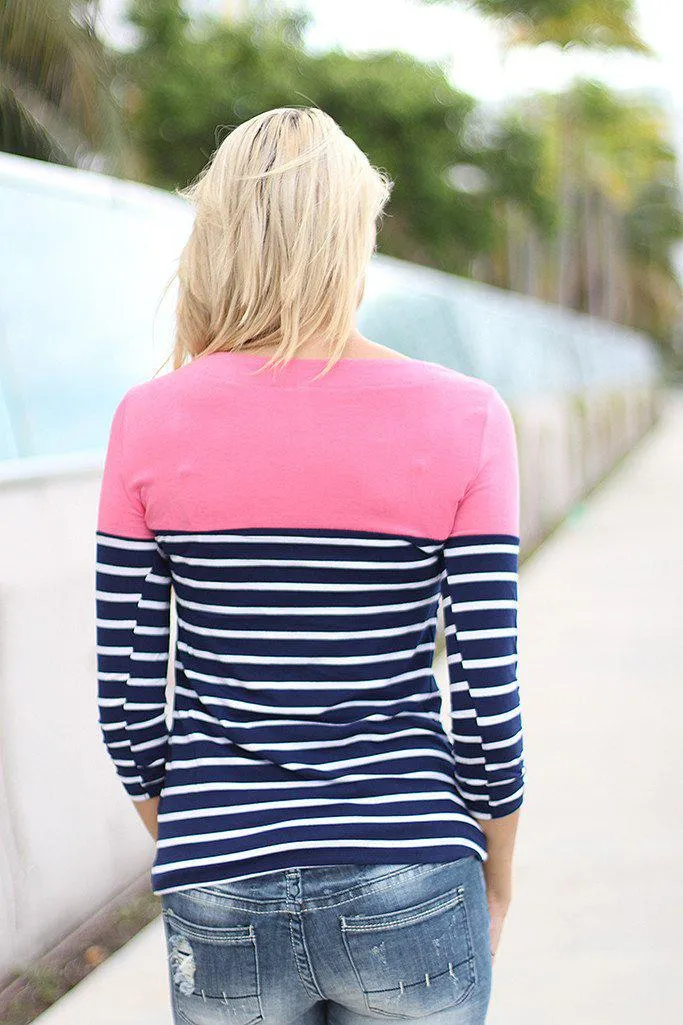 Navy and Pink Striped Top With Pocket