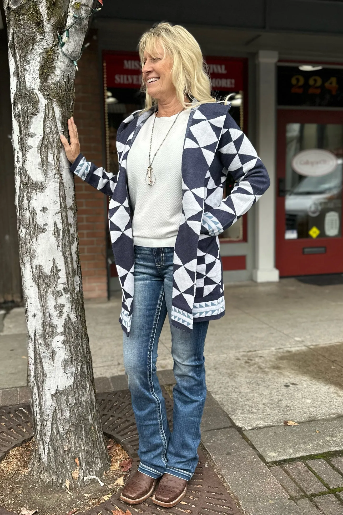 Navy and White Cozy Hooded Cardigan