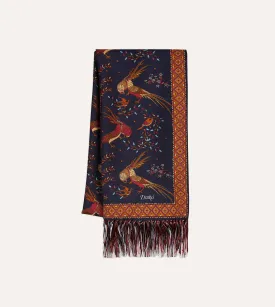 Navy Birds of Paradise Print Tubular Silk Tasselled Scarf