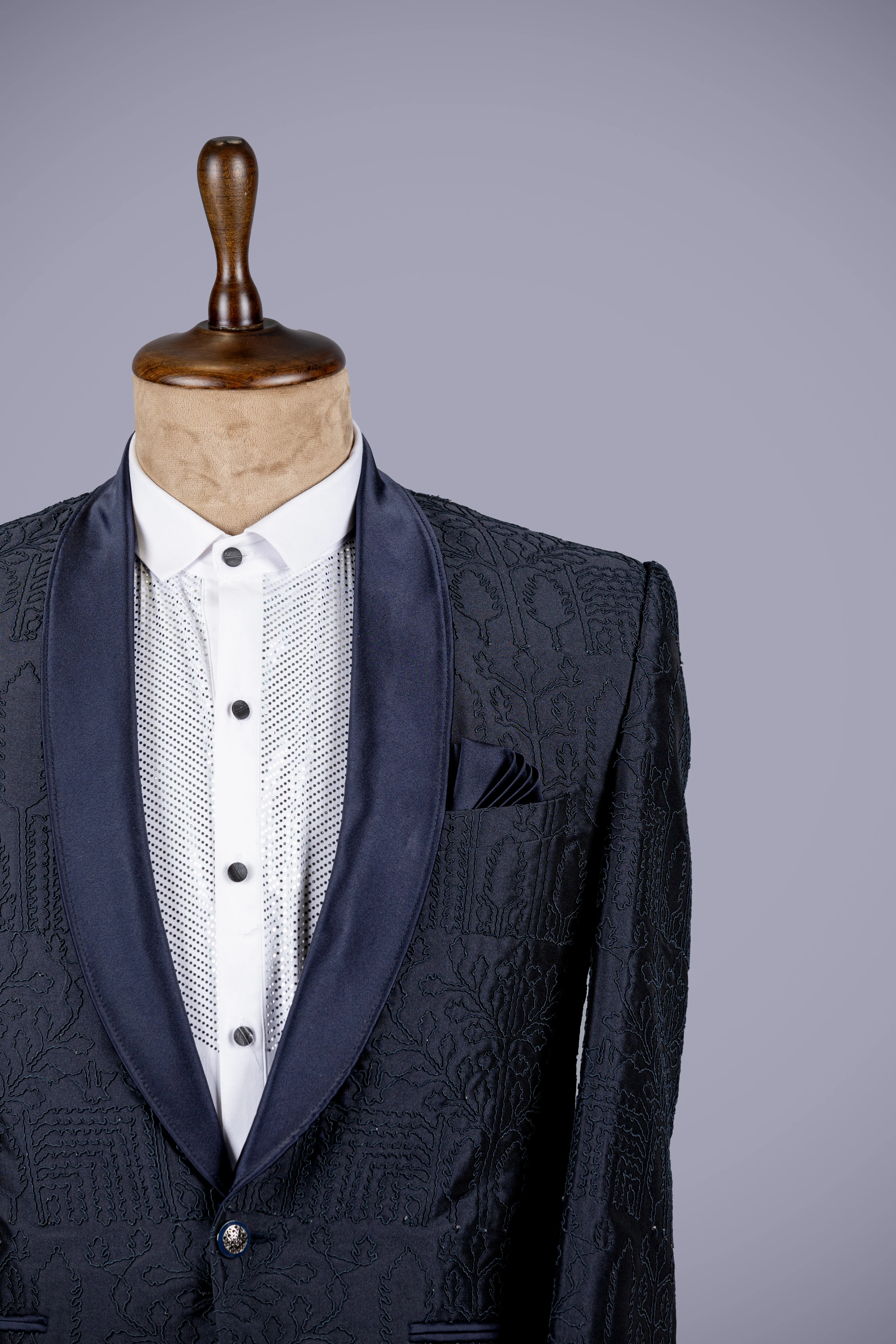 Navy Blue Italian Blazer with Intricate Thread Detailing