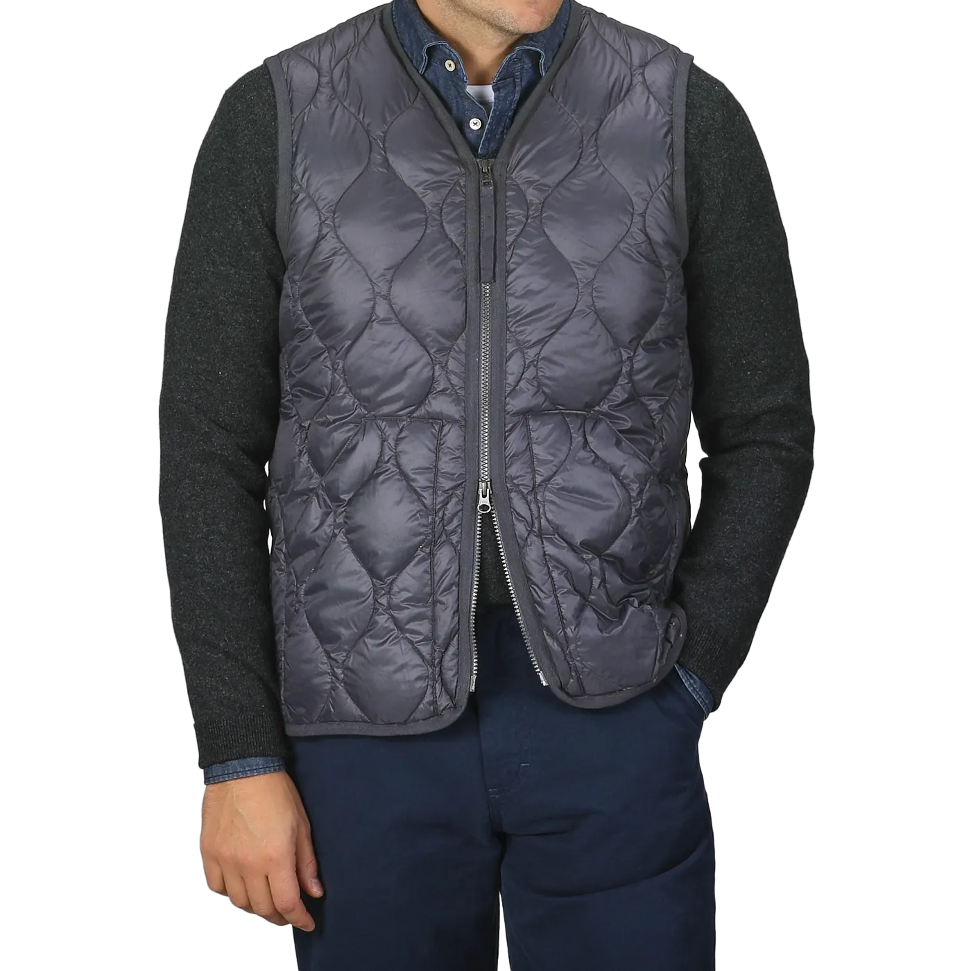 Navy Blue Nylon Down Padded Zip Vest