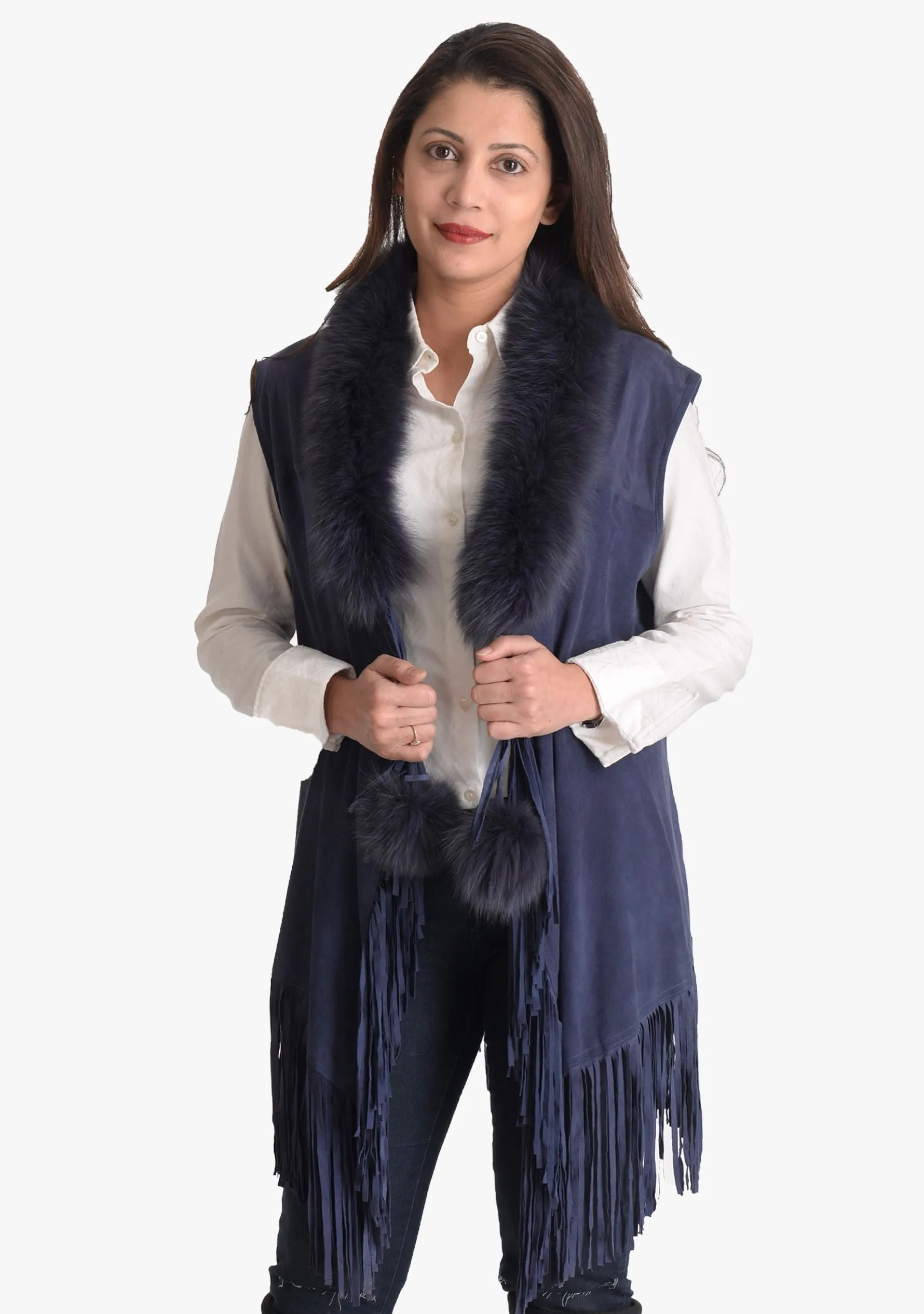 Navy Blue Suede Leather Sleeveless Jacket with Navy Blue Fur and Navy Blue Tassels