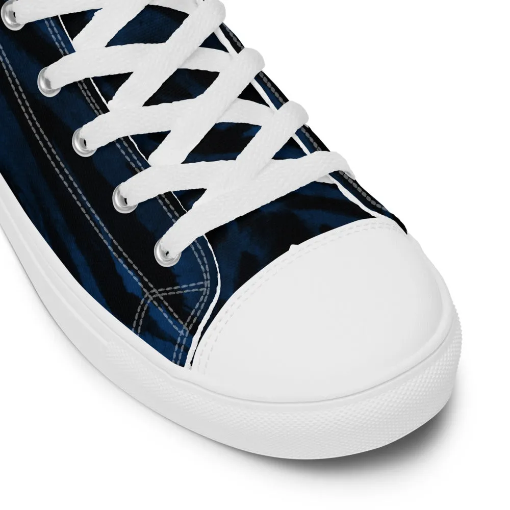 Navy Blue Tiger Men's Sneakers, Tiger Faux Skin Striped Animal Print Designer High Tops For Men