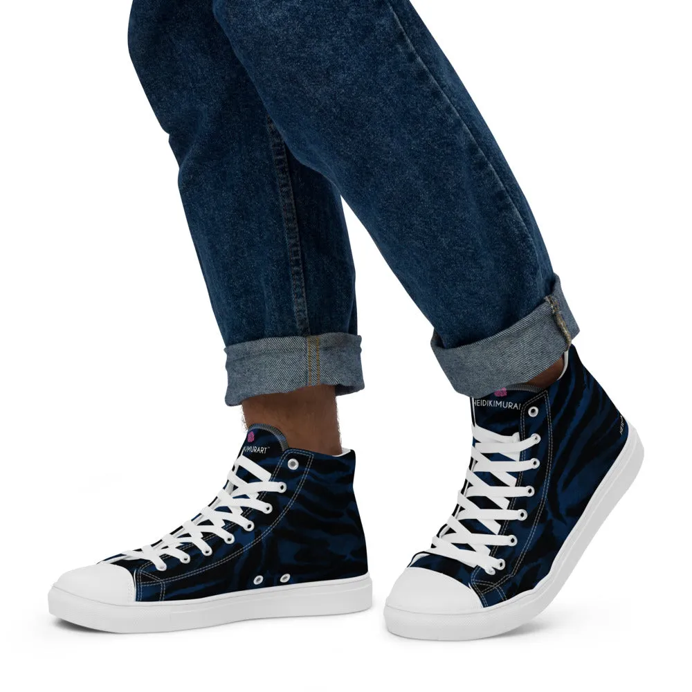 Navy Blue Tiger Men's Sneakers, Tiger Faux Skin Striped Animal Print Designer High Tops For Men