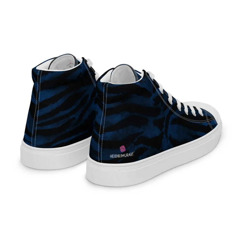 Navy Blue Tiger Men's Sneakers, Tiger Faux Skin Striped Animal Print Designer High Tops For Men