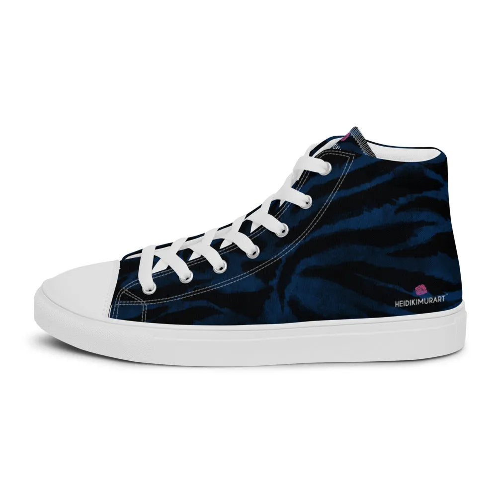 Navy Blue Tiger Men's Sneakers, Tiger Faux Skin Striped Animal Print Designer High Tops For Men