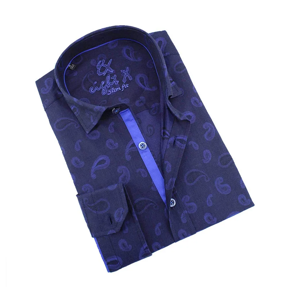 Navy Button Down Paisley Jacquard Shirt