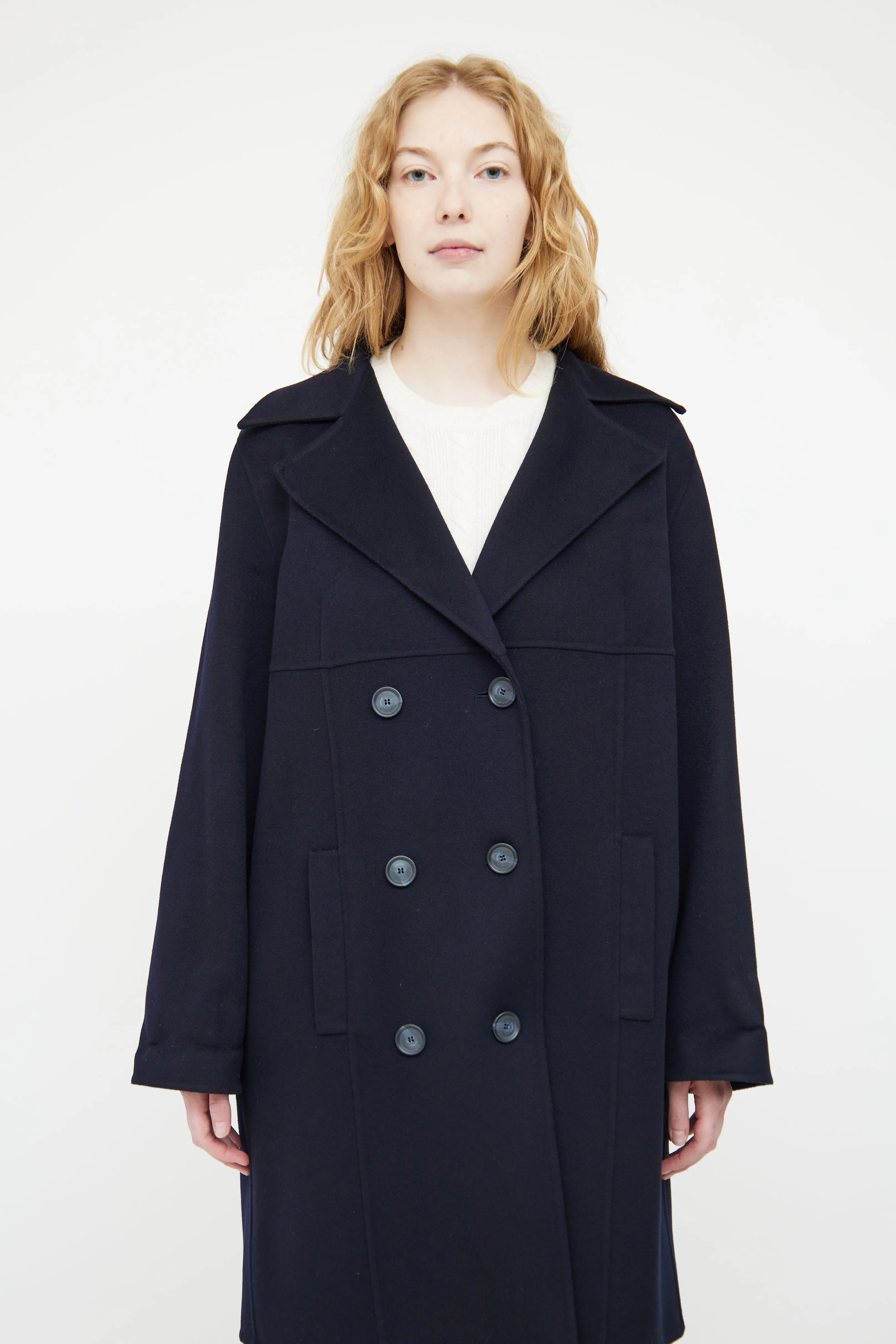 Navy Cashmere Double Breasted Coat