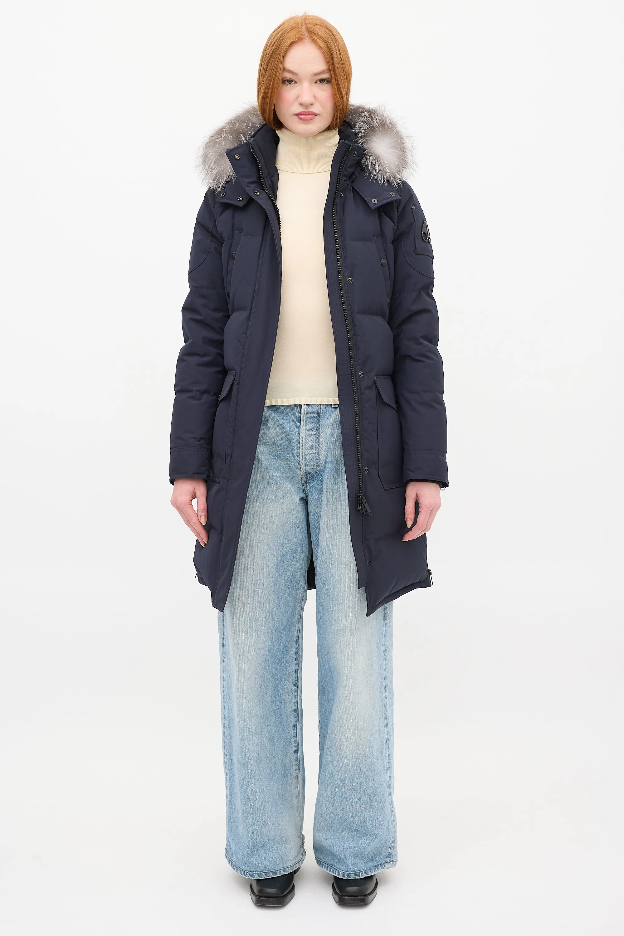 Navy Causapscal Down & Fur Hood Parka Coat