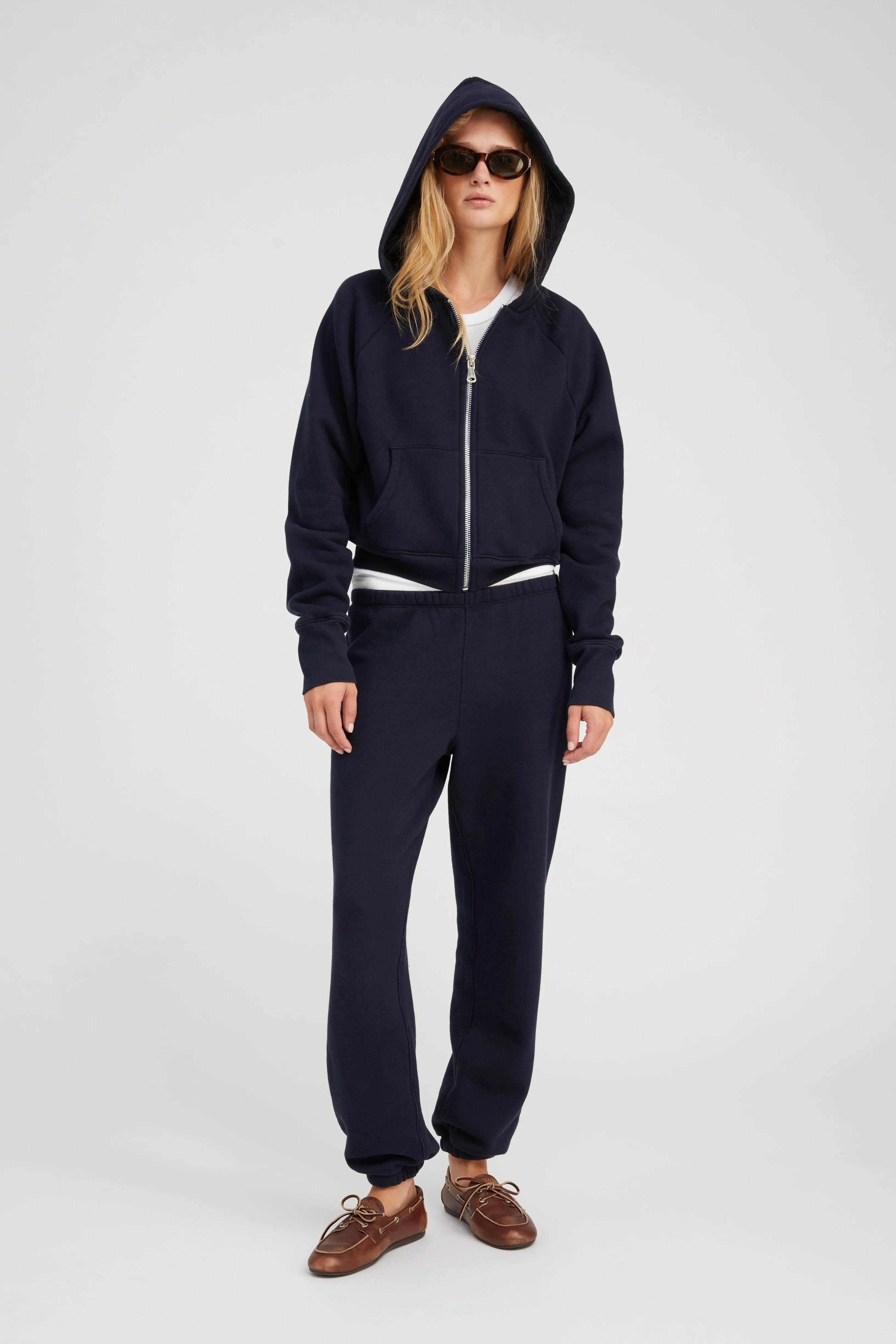 Navy Cotton Shrunken Zip Up Hoodie