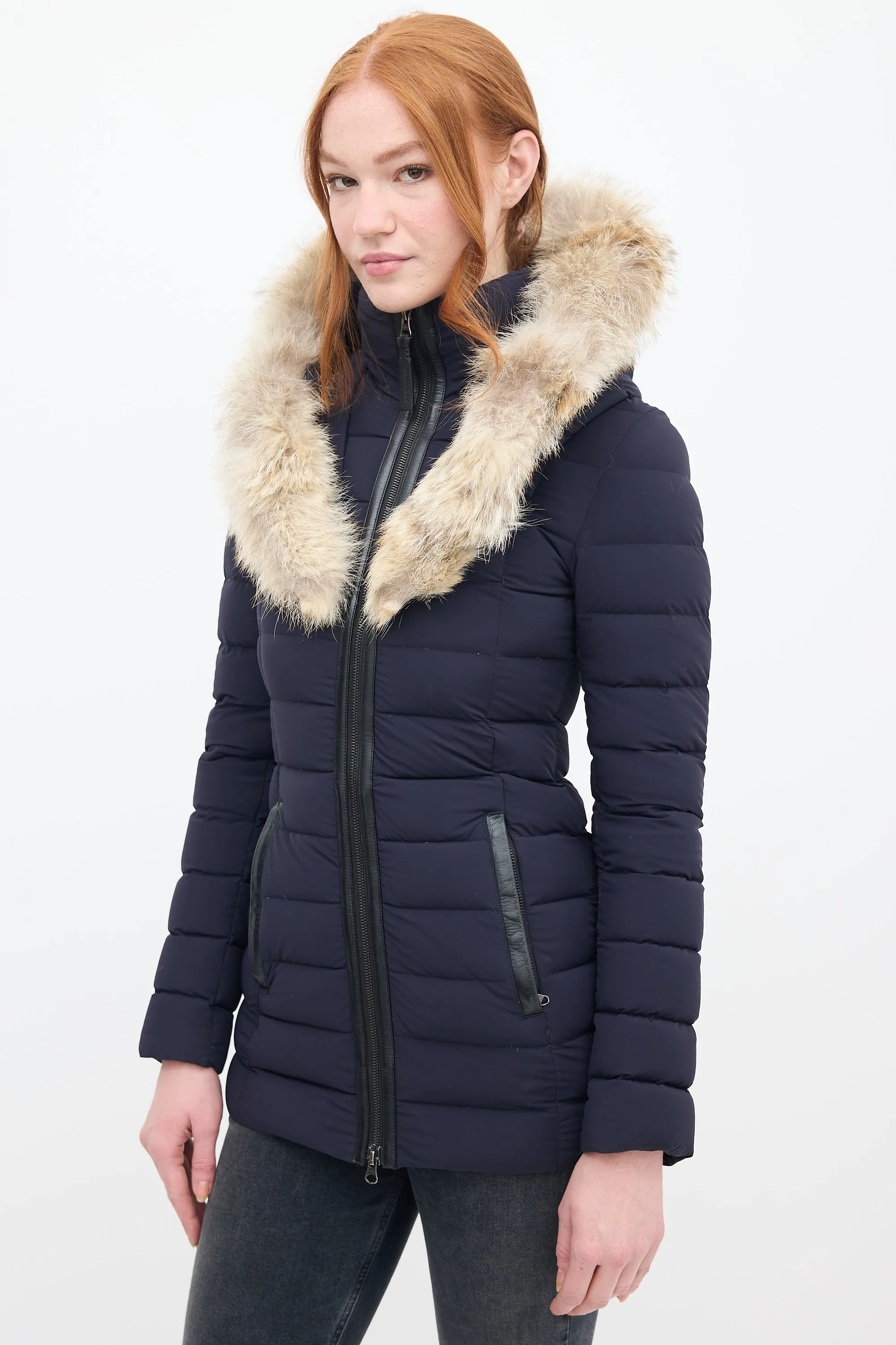 Navy Down & Fur Trim Hooded Puffer Jacket