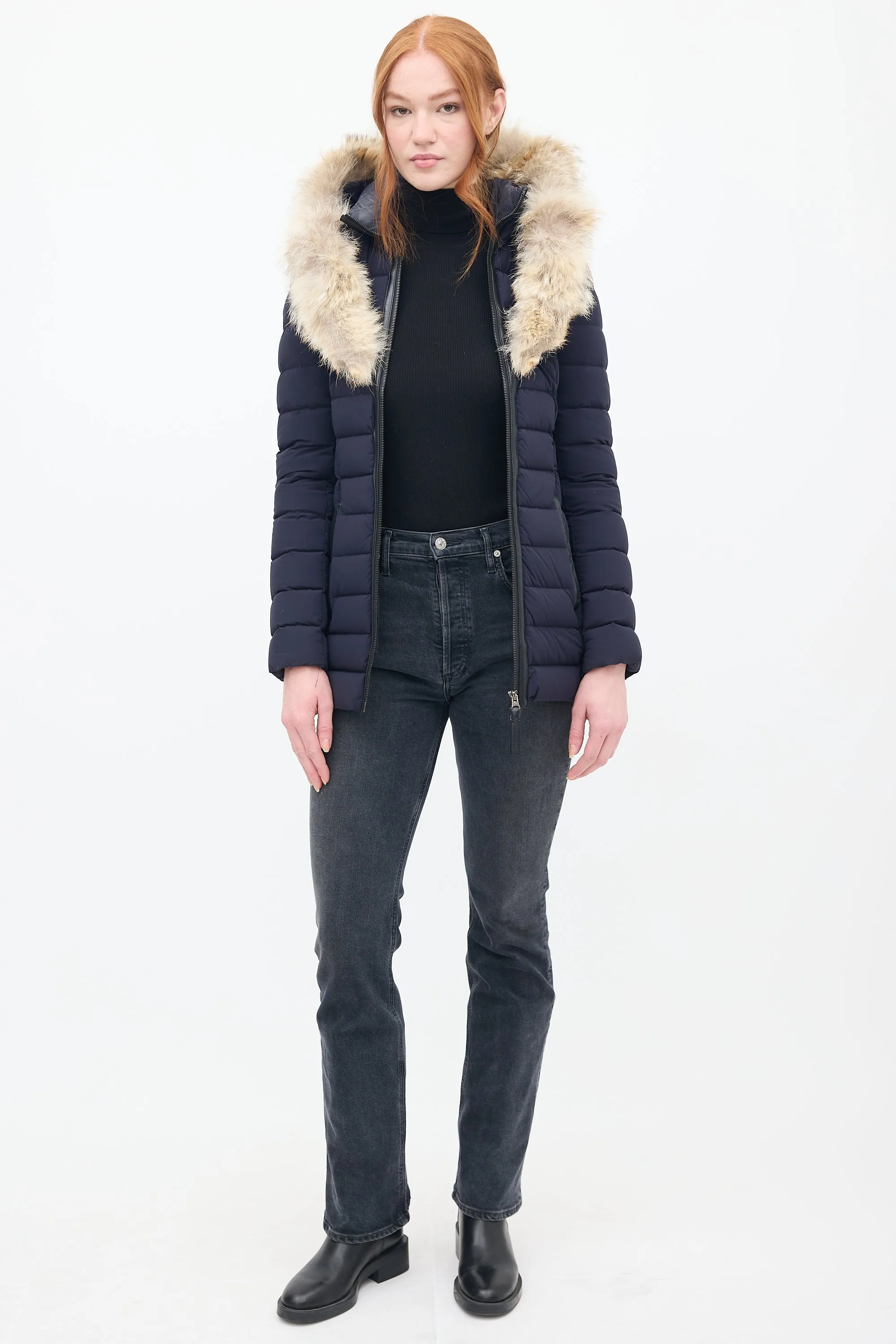 Navy Down & Fur Trim Hooded Puffer Jacket