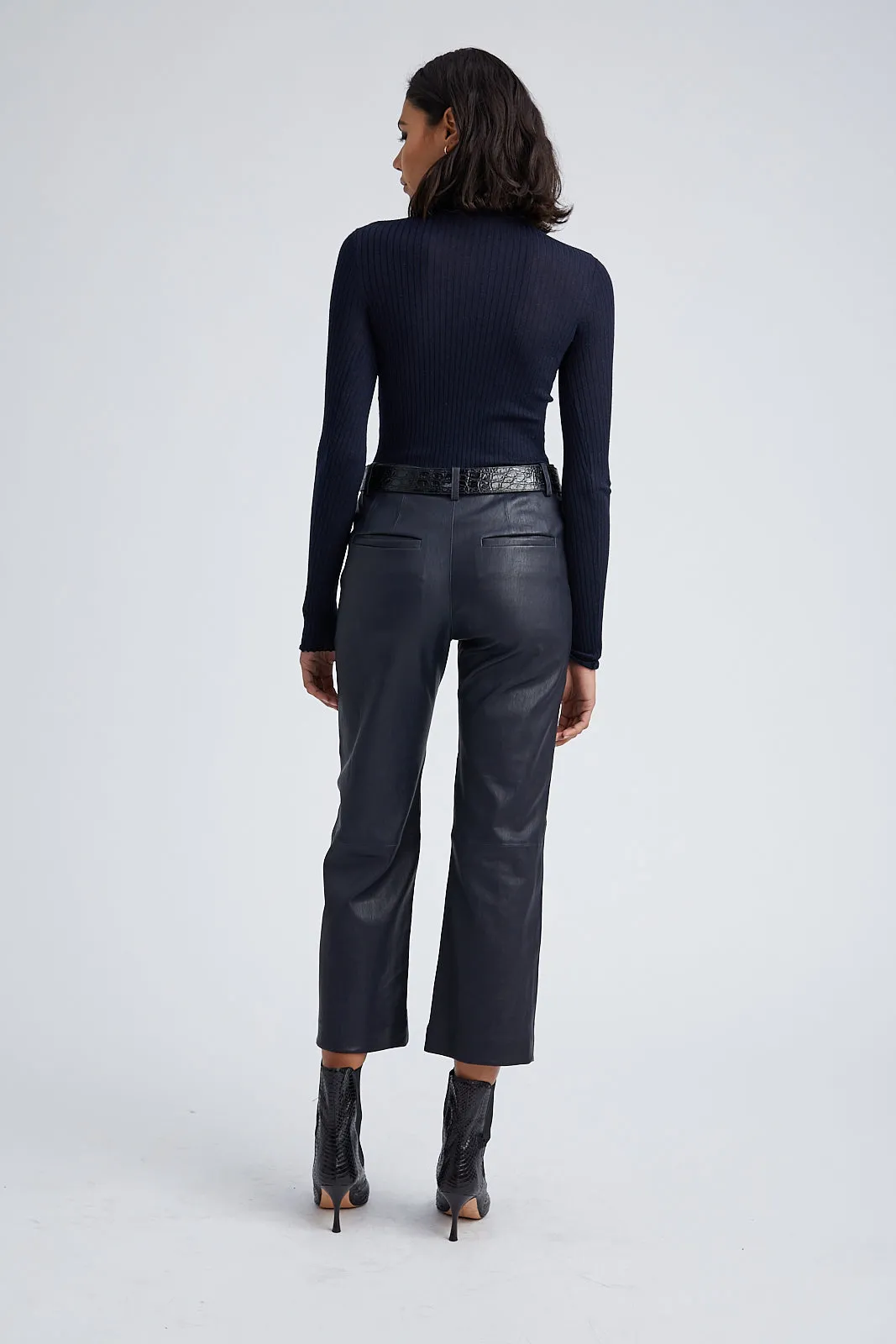 Navy Leather Cropped Trousers