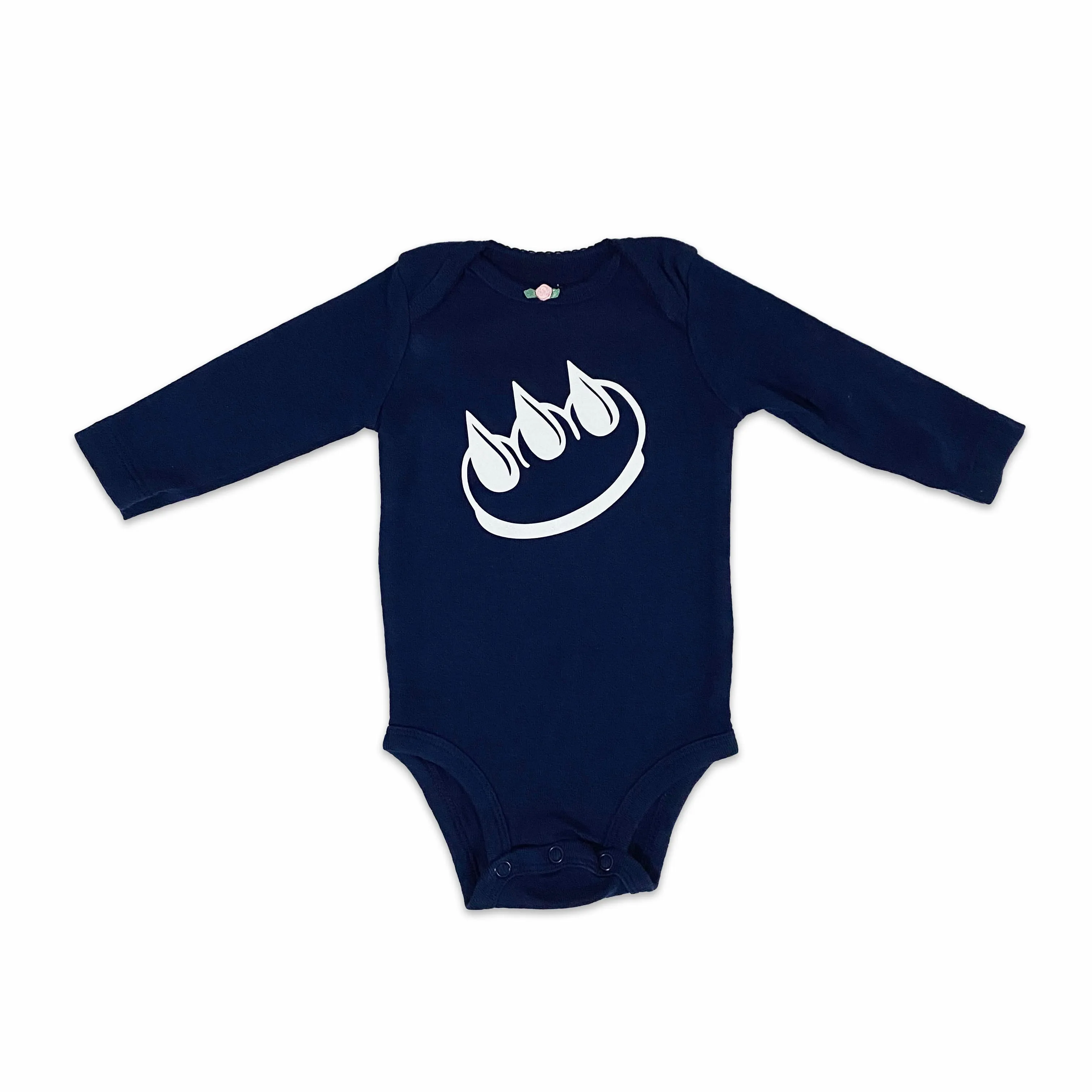 NAVY LONG SLEEVE CLAW MONEY BABY ONESIE