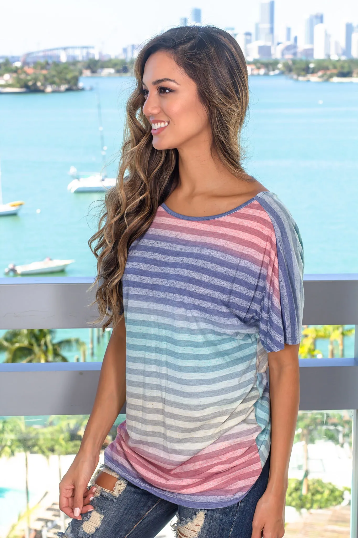 Navy Multi Colored Striped Top with Twist Back