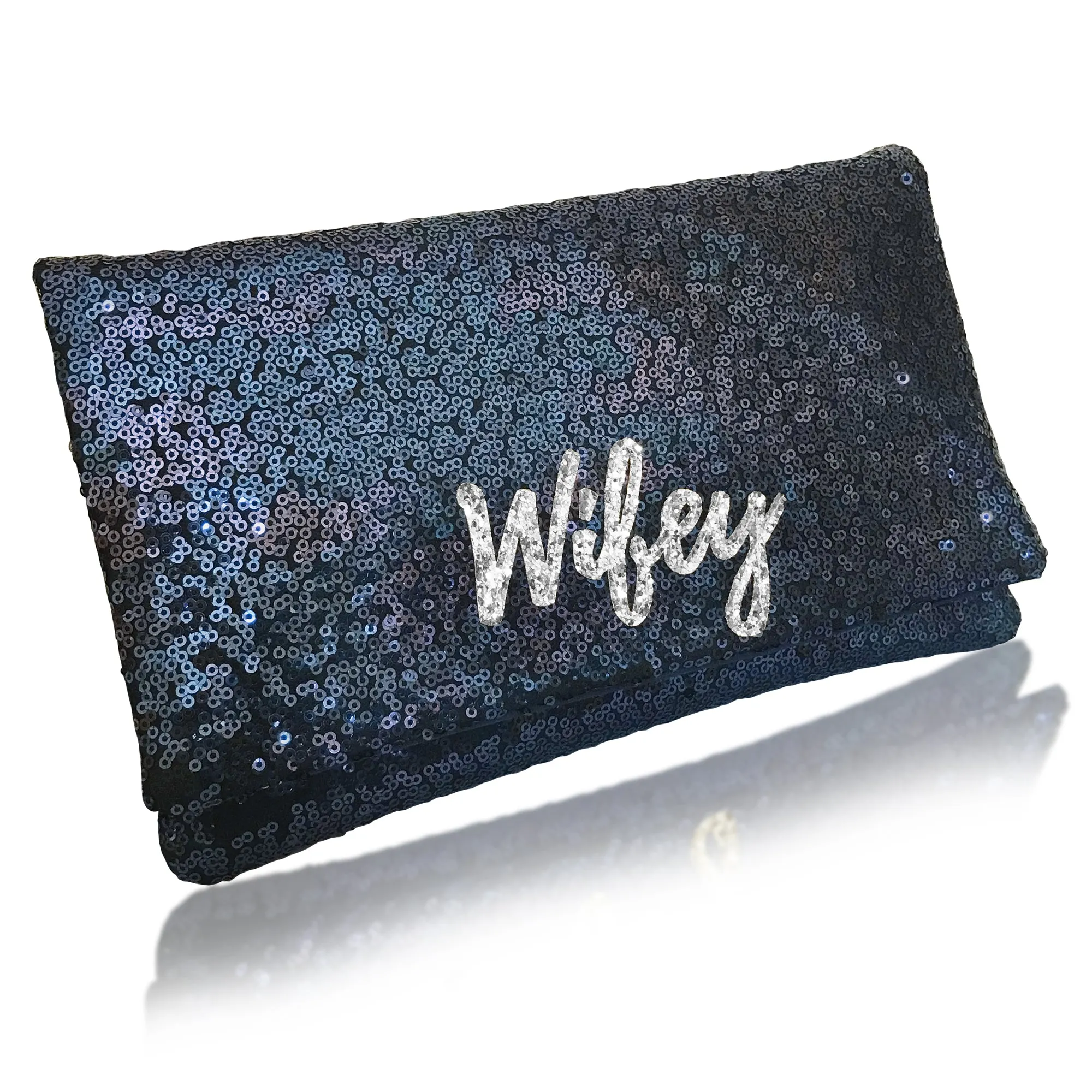 Navy or black sequin WIFEY bridal wedding day clutch