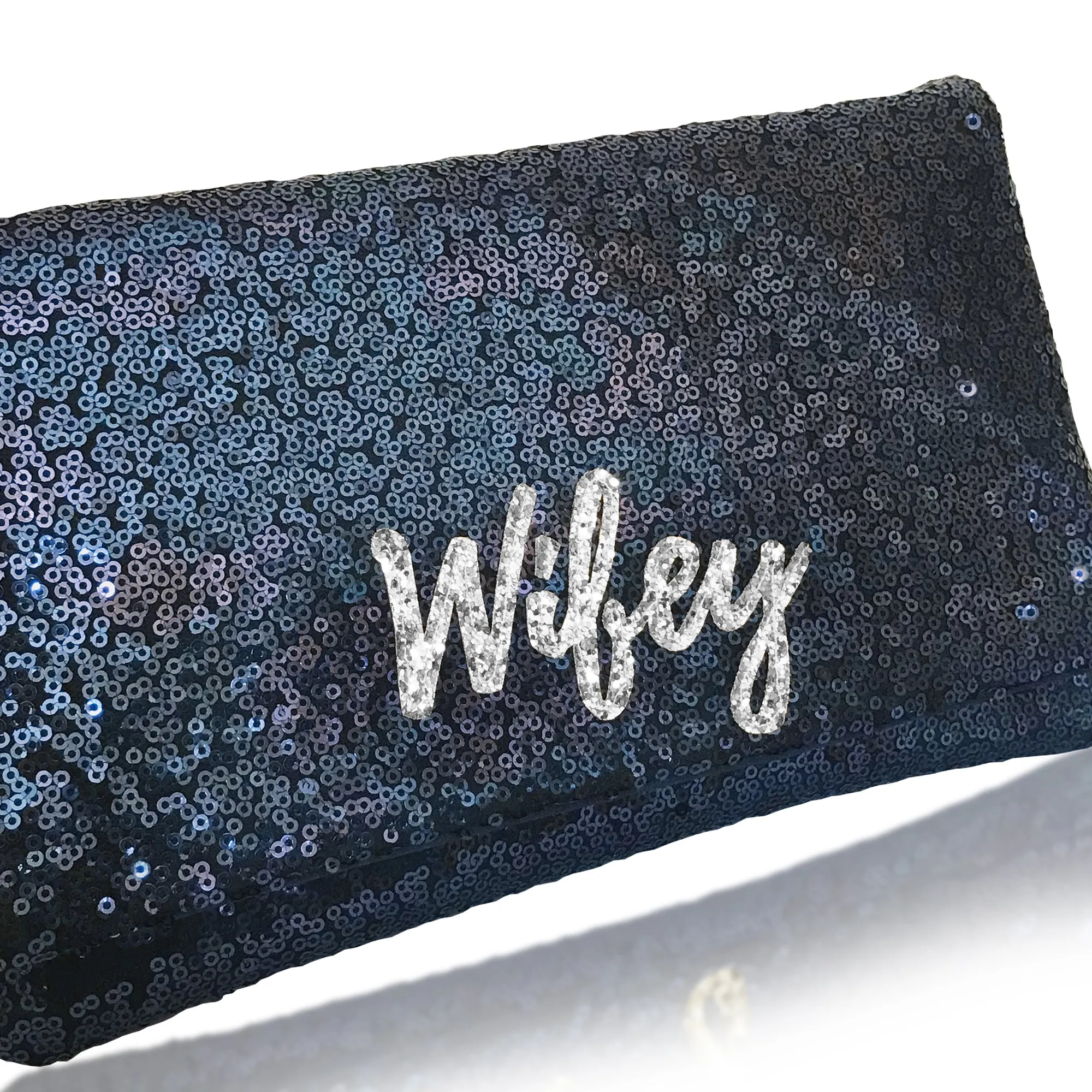 Navy or black sequin WIFEY bridal wedding day clutch