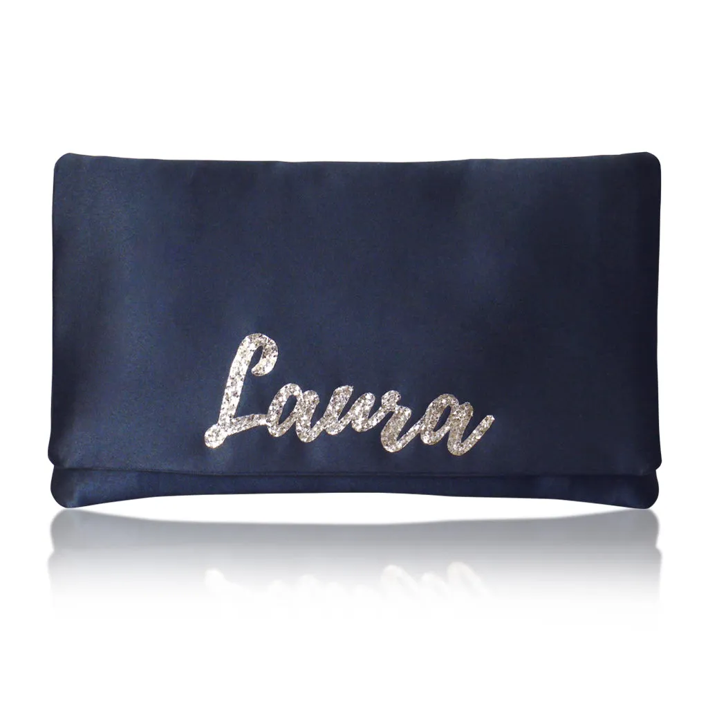 Navy satin personalised name clutch