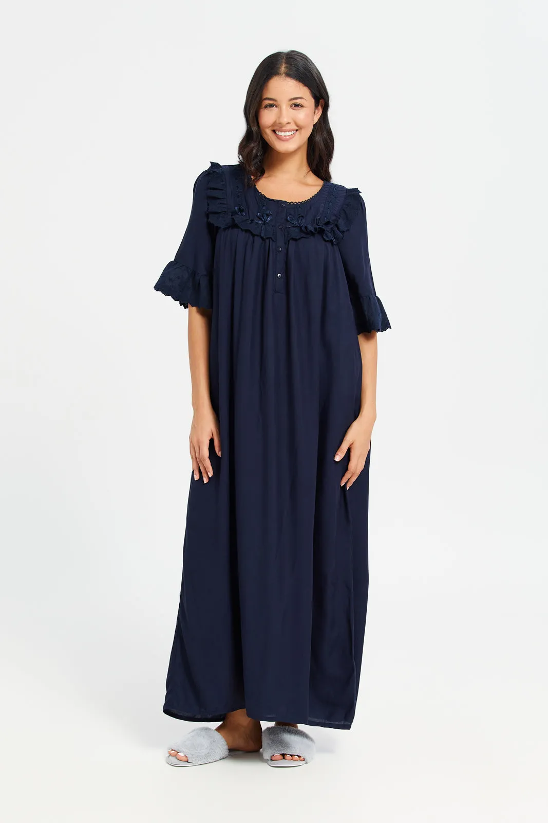 Navy Short Sleeve Frill Lace Nightgown